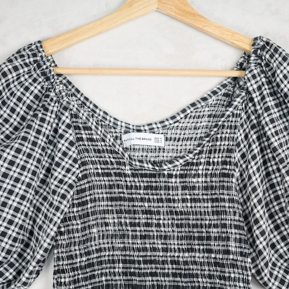 Faithfull The Brand Black White‎ Gingham Linen Smocked Puff Sleeve Blouse S
